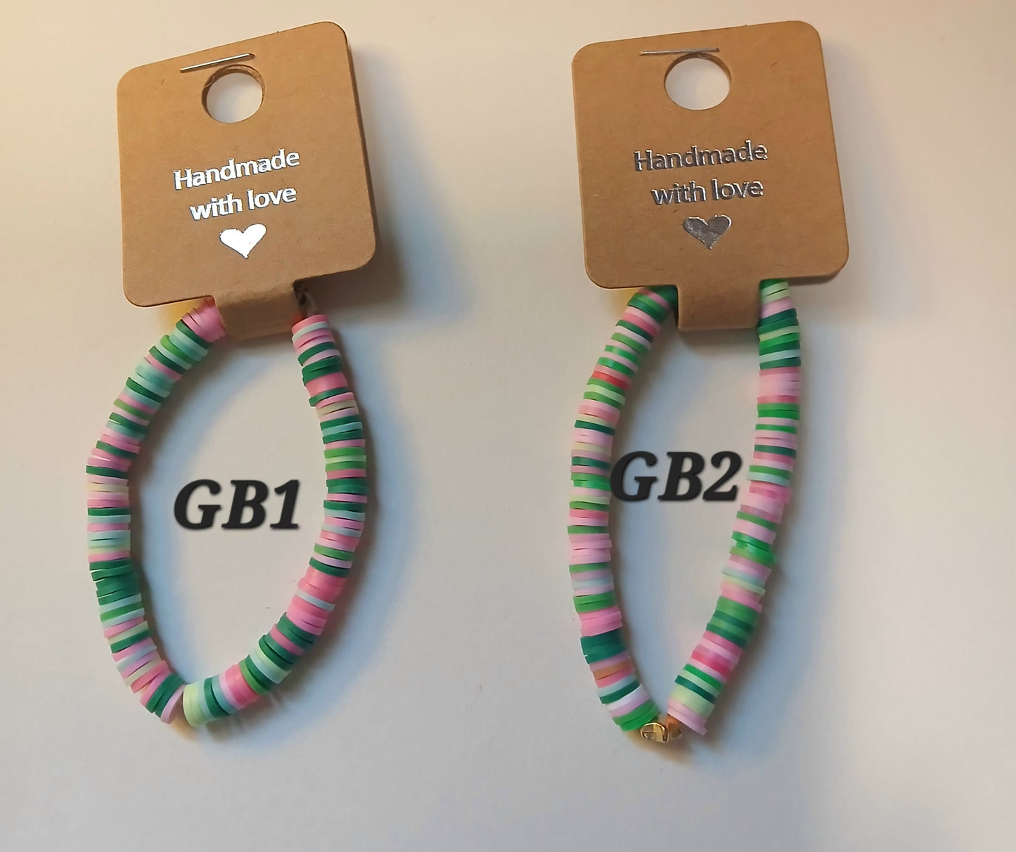 Green and pink clay bead bracelets